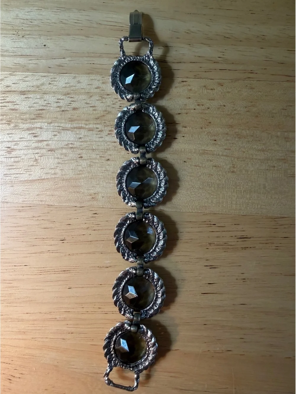 Vintage Style Silver Tone Bracelet with Faceted Smoky Glass Stones